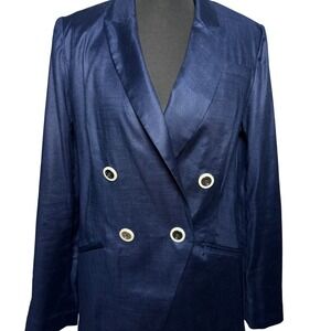 NWT WHBM Linen Studio Blazer Jacket Structured Career chic Women 2 Office Blue‎